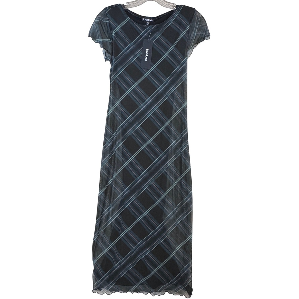 Bebe Black Green Plaid Mesh Midi Dress Flutter Sleeve Lettuce Hem NWT Size S